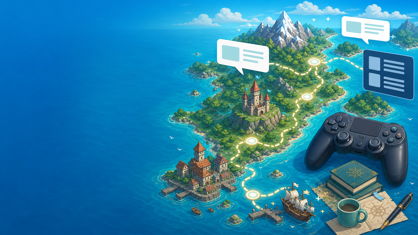 A polished daytime cartoon fantasy quest map with a game controller, bright route paths, and abstract localisation panels.